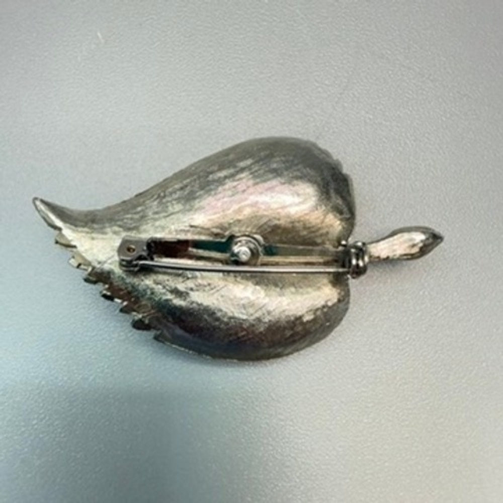 Vintage Silver Tone Leaf Brooch with Blue Rhinestones 2.5" Gray‎ Artsy Artisan - Picture 5 of 7